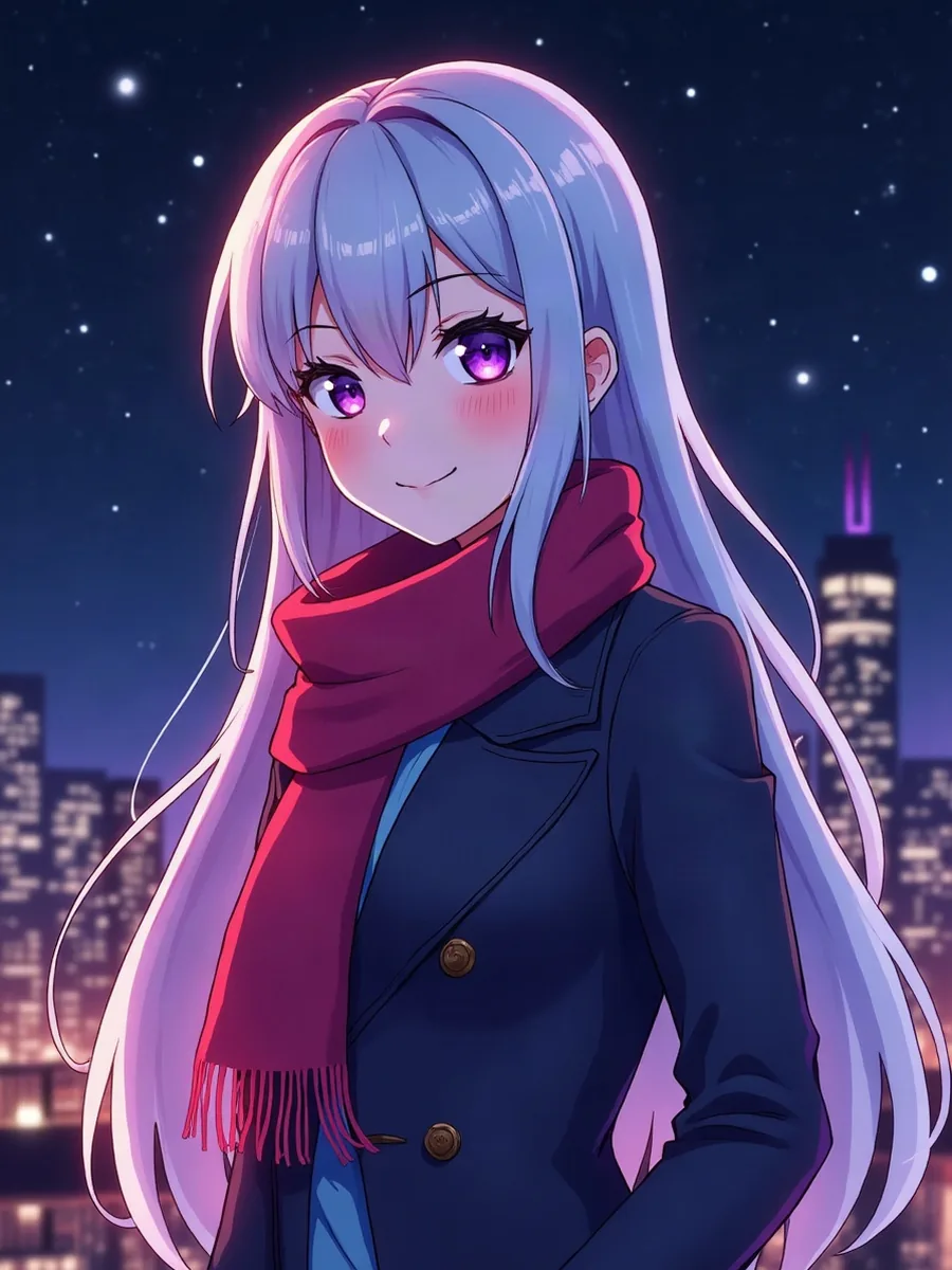 Character.AI: ilustrační obrázek vytvořený AI, ženská postava v anime stylu s dlouhými stříbrnými vlasy a fialovýma očima, v dlouhém kabátě, před hvězdným městem