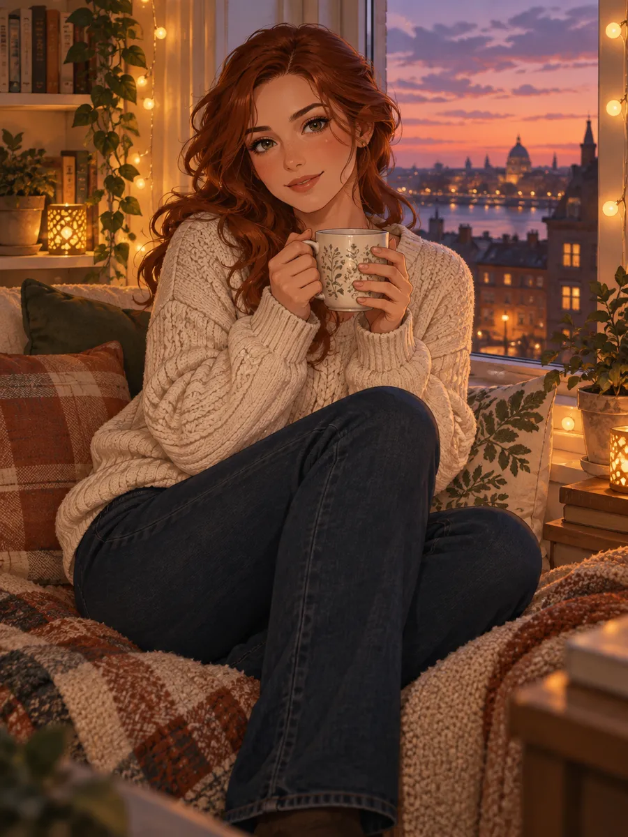 CrushOn AI, AI přítelkyně: ilustrace vytvořená pomocí AI, Polorealistická ilustrace dospělé ženy s vlnitými kaštanovými vlasy v krémovém svetru