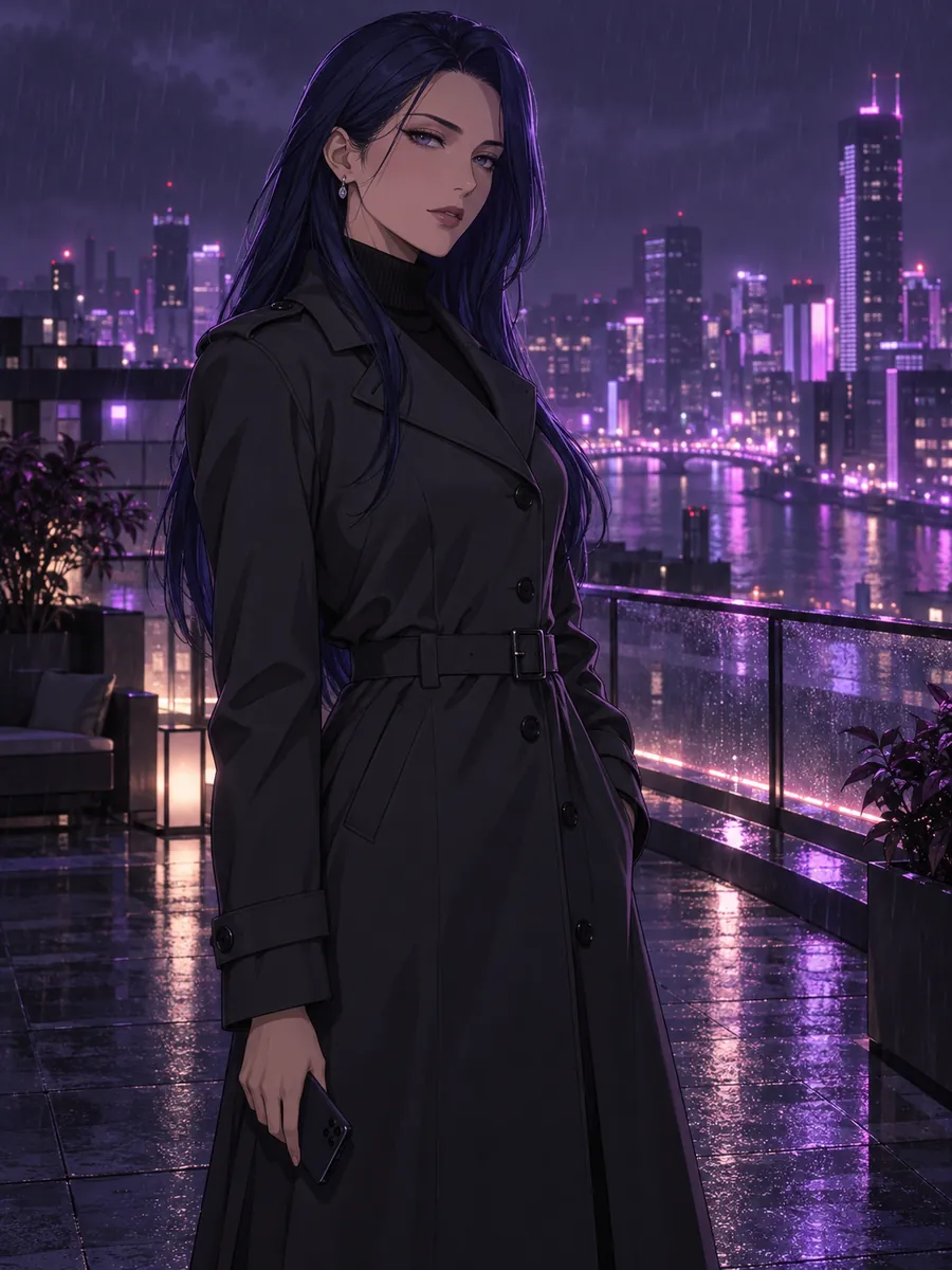 eHentai AI, AI přítelkyně: ilustrace vytvořená pomocí AI, Anime ilustrace dospělé ženy s dlouhými tmavě modrými vlasy v antracitovém trenčkotu na střešní terase za deště