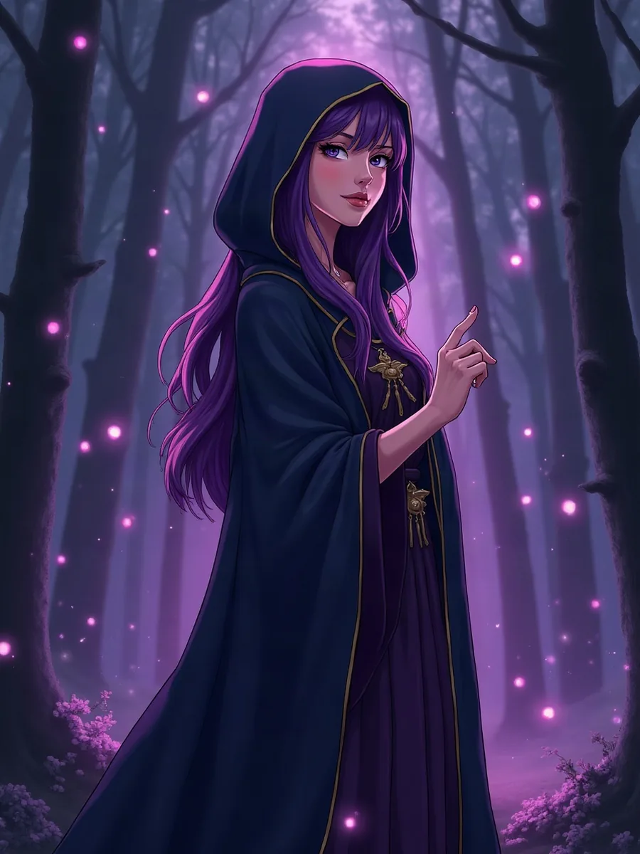 FantasyGF: ilustrační obrázek vytvořený AI, čarodějka v anime stylu s dlouhými fialovými vlasy v tmavém plášti s kapucí, v lese se zářícími koulemi