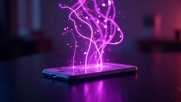 Svítící linie neuronové sítě vznášející se nad smartphonem (ilustrace k článku)