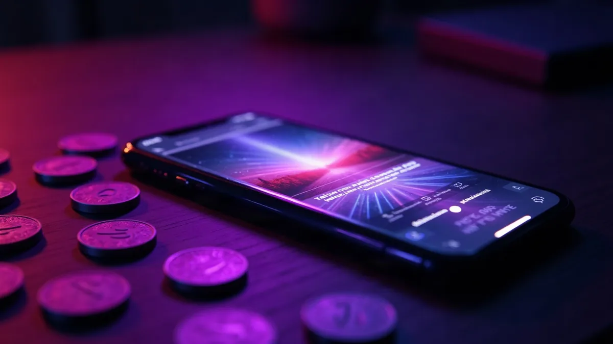 Svítící fialové žetony rozházené kolem smartphonu na tmavém stole (ilustrace k článku)