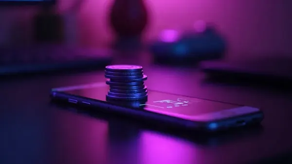 Hromádka svítících fialových žetonů vedle smartphonu na tmavém stole (ilustrace k článku)