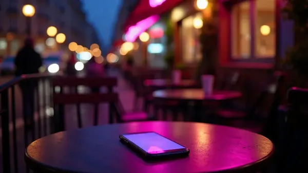 Stolek pařížské kavárny v noci se svítícím smartphonem, rozmazaná pouliční světla (ilustrace k článku)