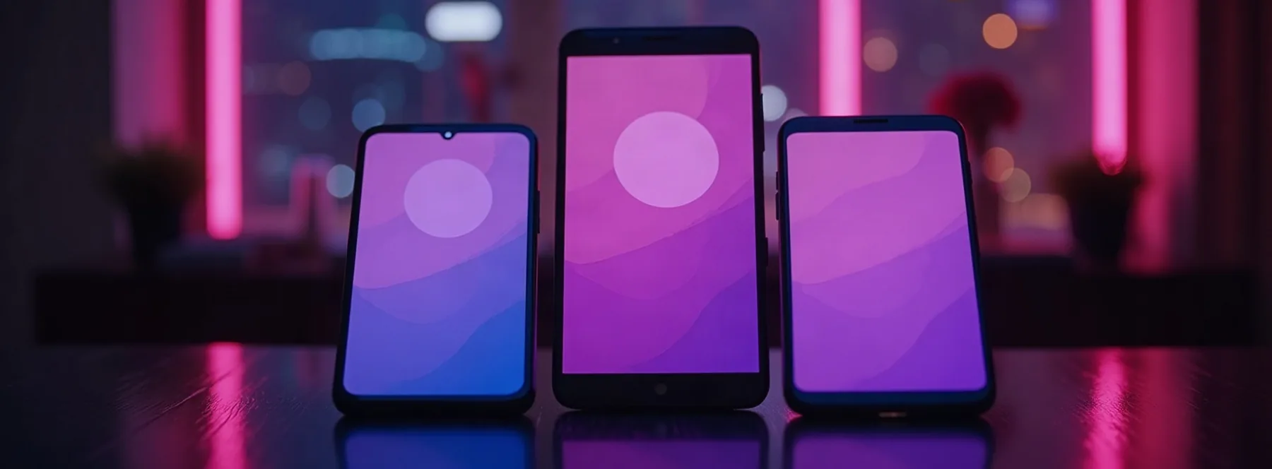 Tři svítící smartphony na tmavém stole, rozmazané bubliny chatu na displejích
