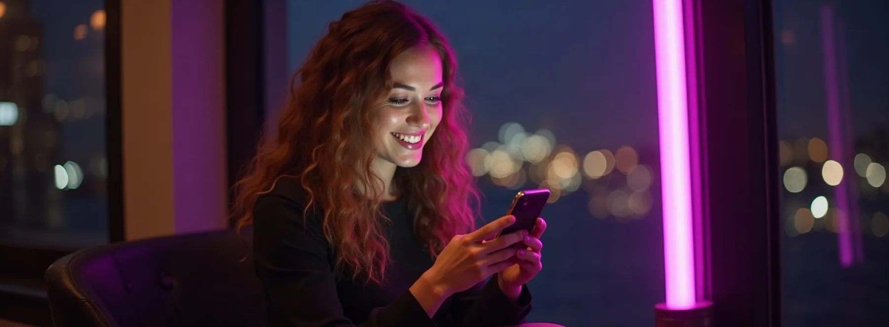 Žena s kaštanovými vlasy, která se v noci u okna usmívá na svůj telefon