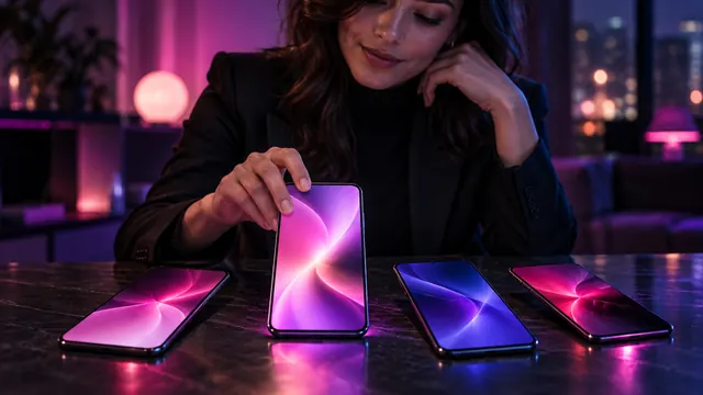 Nejlepší alternativy ke Candy AI: žena vybírá smartphone ze čtyř svítících displejů položených na stole