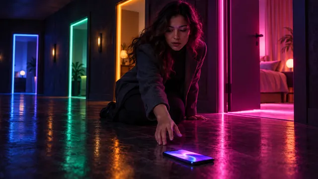 Nejlepší alternativy k Character.AI: žena zvedá smartphone v chodbě plné svítících dveří v různých barvách