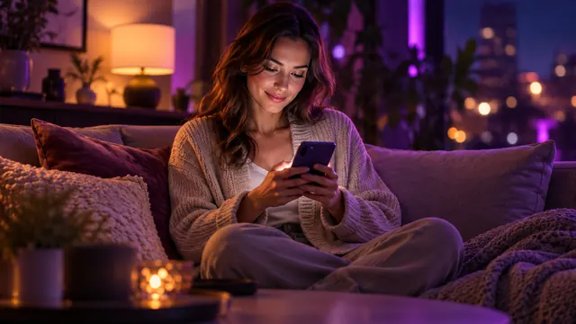 Nejlepší alternativy k Replice: žena v béžovém kardiganu se večer na gauči usmívá do telefonu
