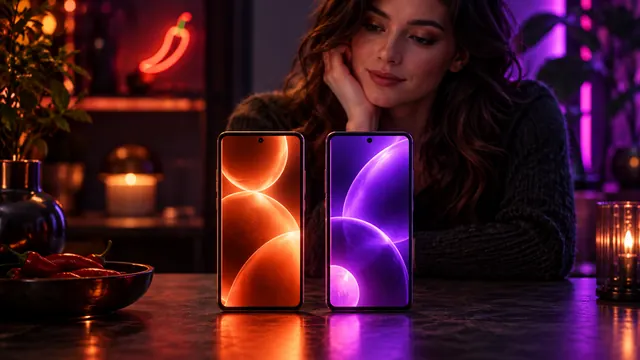 Nejlepší alternativy ke SpicyChat: žena opřená o lokty za dvěma smartphony, jedním oranžovým a druhým fialovým