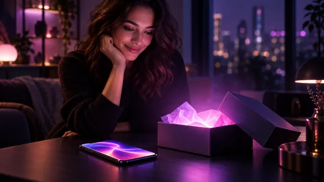 Nejlepší AI přítelkyně zdarma: usměvavá žena před smartphonem a otevřenou dárkovou krabičkou, ze které vychází fialové světlo