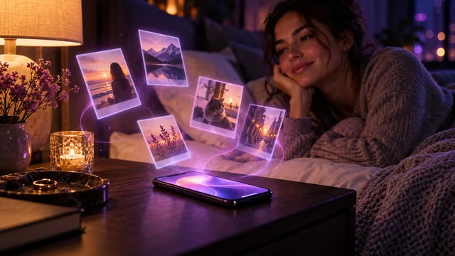 Nejlepší AI přítelkyně s pamětí: usměvavá žena u nočního stolku, nad jejím smartphonem se vznášejí svítící fotky na památku
