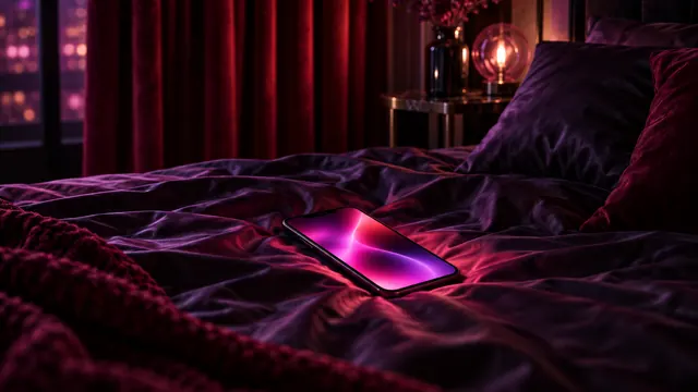Nejlepší NSFW AI přítelkyně: chytrý telefon na tmavém hedvábném povlečení, purpurová záře, červený sametový závěs