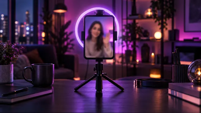 Nejlepší AI přítelkyně s videem: smartphone na stativu se ženou ve videohovoru a fialovým světelným kruhem
