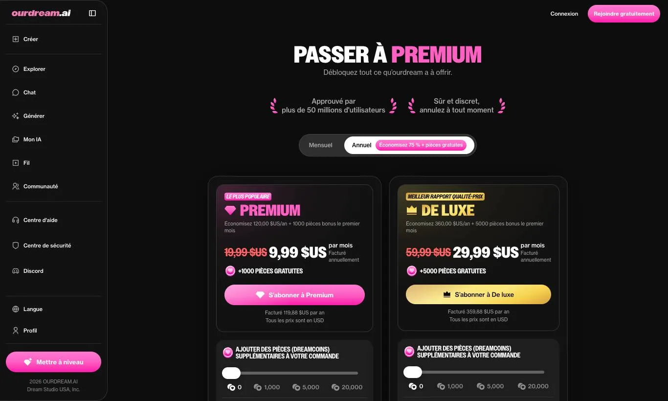 Snímek obrazovky oficiální stránky předplatného OurDream AI, pořízený 30.09.2026